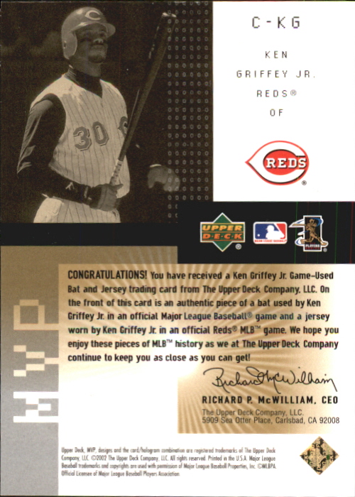 2002 Upper Deck MVP Game Souvenirs Bat Jersey Combos Gold #CKG Ken Griffey Jr. back image