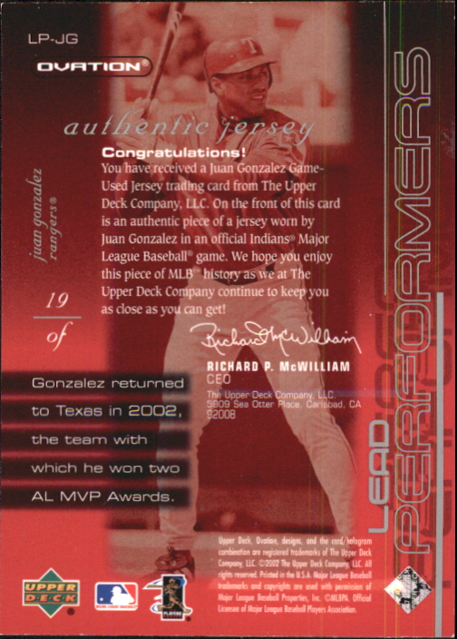 2002 Upper Deck Ovation Lead Performer Jerseys #LPJG Jason Giambi back image