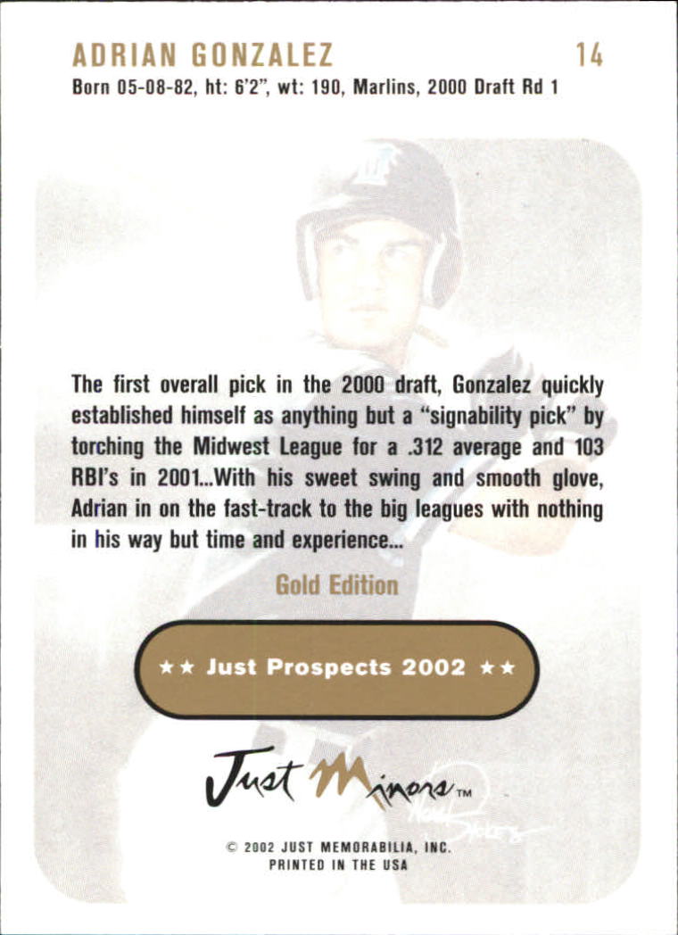 2002 Just Prospects Gold #14 Adrian Gonzalez back image
