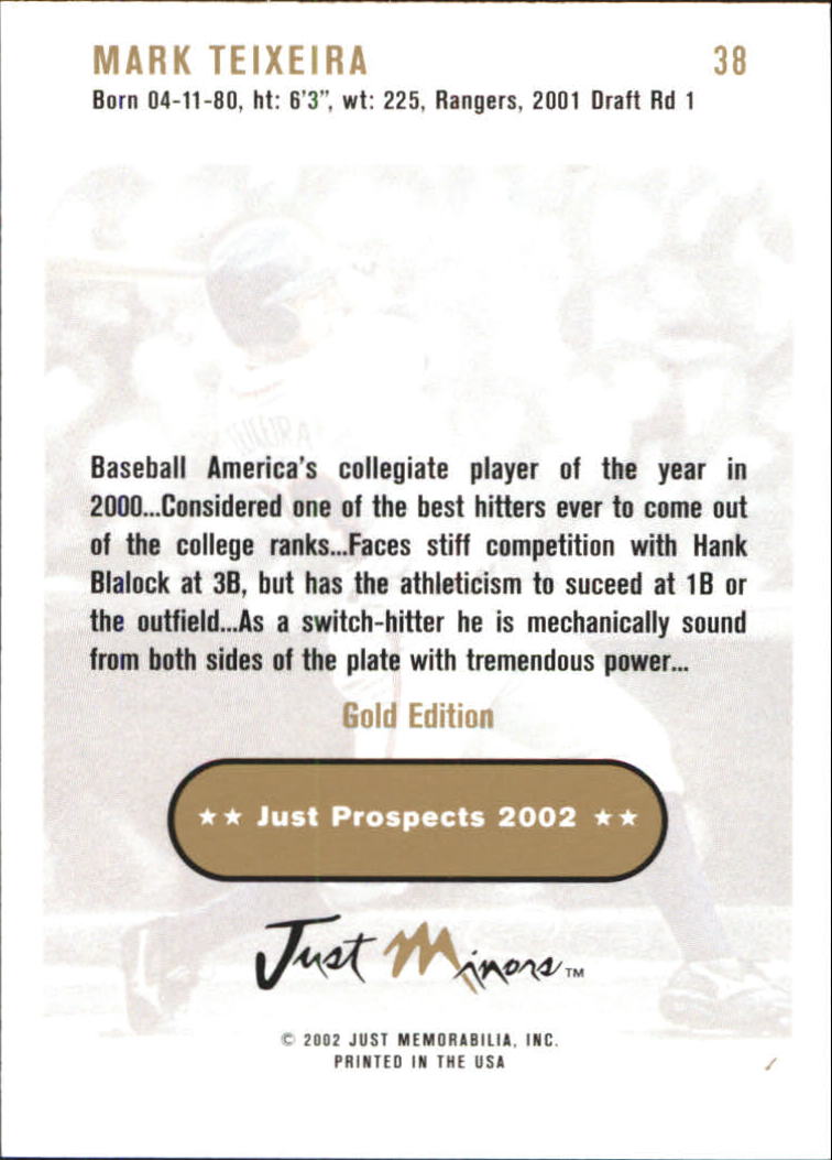 2002 Just Prospects Gold #38 Mark Teixeira back image