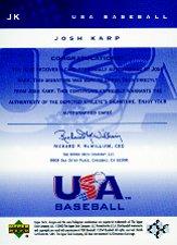 2002 USA Baseball National Team Signatures #JK Josh Karp back image