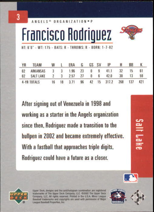 2002 UD Minor League #3 Francisco Rodriguez back image