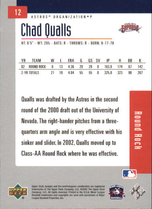 2002 UD Minor League #12 Chad Qualls back image