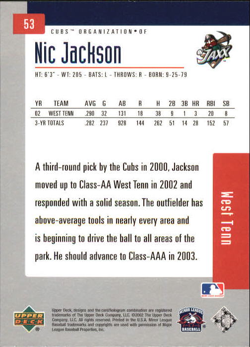 2002 UD Minor League #53 Nic Jackson back image