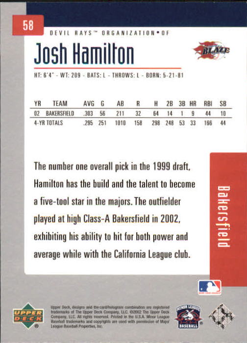2002 UD Minor League #58 Josh Hamilton back image