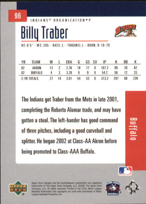 2002 UD Minor League #96 Billy Traber back image