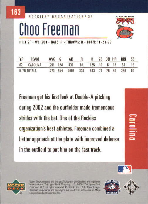 2002 UD Minor League #163 Choo Freeman back image