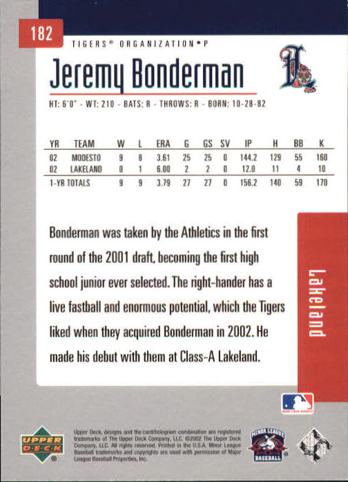 2002 UD Minor League #182 Jeremy Bonderman back image