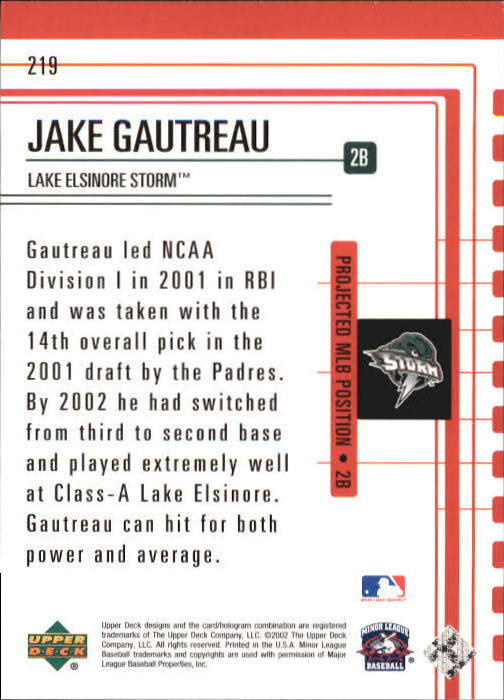 2002 UD Minor League #219 Jake Gautreau OFT back image