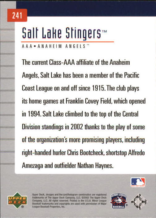 2002 UD Minor League #241 Salt Lake Stingers TM back image