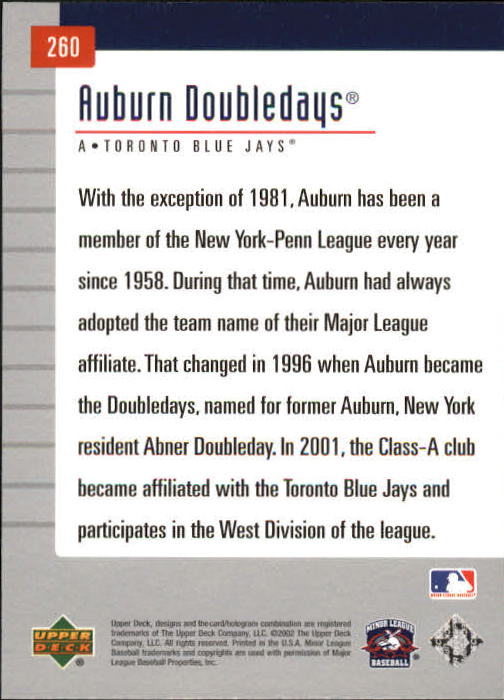 2002 UD Minor League #260 Auburn Doubledays TM back image