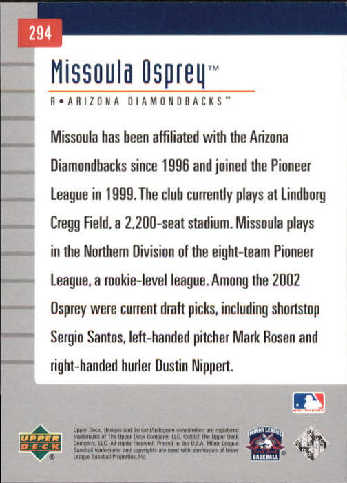 2002 UD Minor League #294 Missoula Osprey TM back image