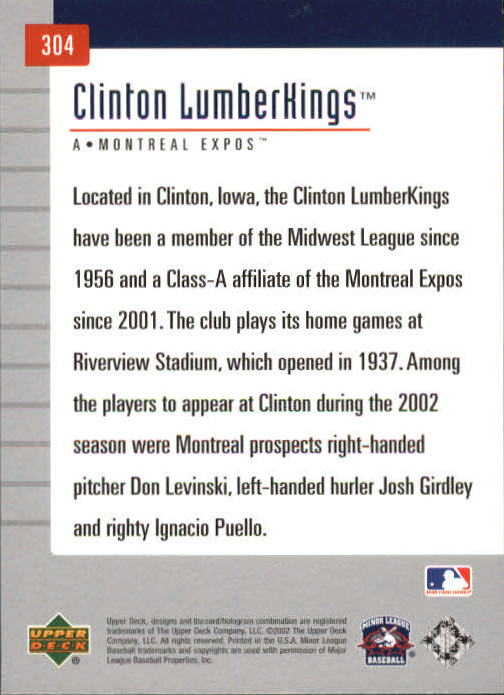 2002 UD Minor League #304 Clinton Lumberkings TM back image