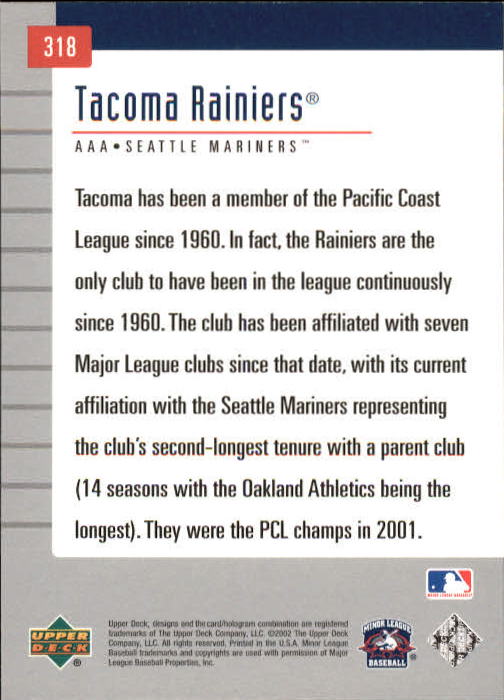 2002 UD Minor League #318 Tacoma Rainiers TM back image