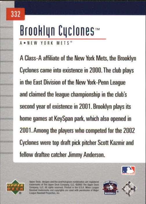 2002 UD Minor League #332 Brooklyn Cyclones TM back image