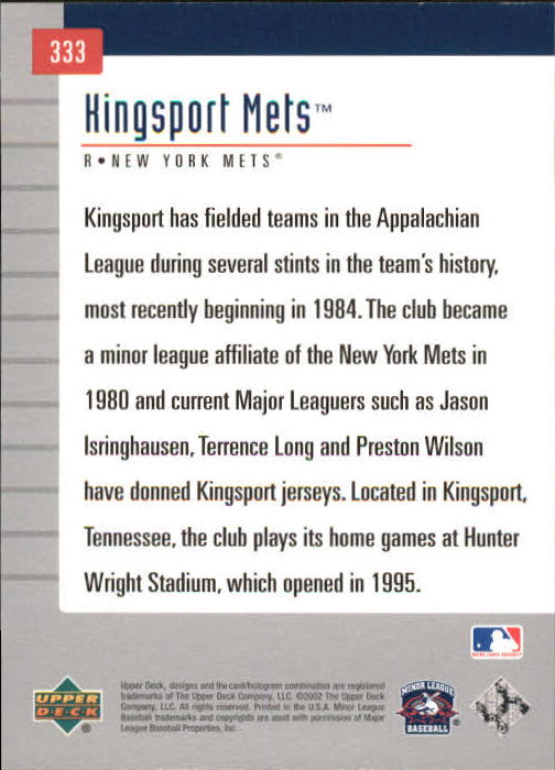 2002 UD Minor League #333 Kingsport Mets TM back image