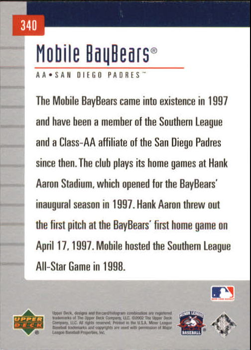 2002 UD Minor League #340 Mobile BayBears TM back image