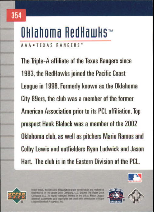 2002 UD Minor League #354 Oklahoma RedHawks TM back image