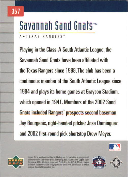 2002 UD Minor League #357 Savannah Sand Gnats TM back image