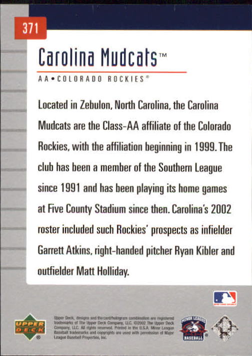 2002 UD Minor League #371 Carolina Mudcats TM back image
