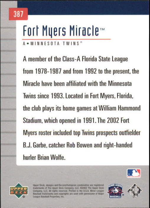 2002 UD Minor League #387 Ft. Myers Miracle TM back image