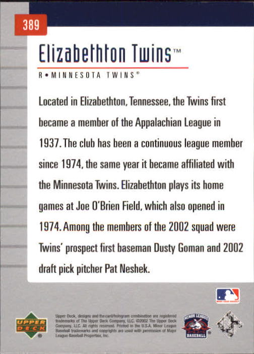 2002 UD Minor League #389 Elizabethton TwinsTM back image