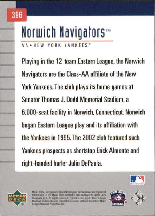 2002 UD Minor League #396 Norwich Navigators TM back image