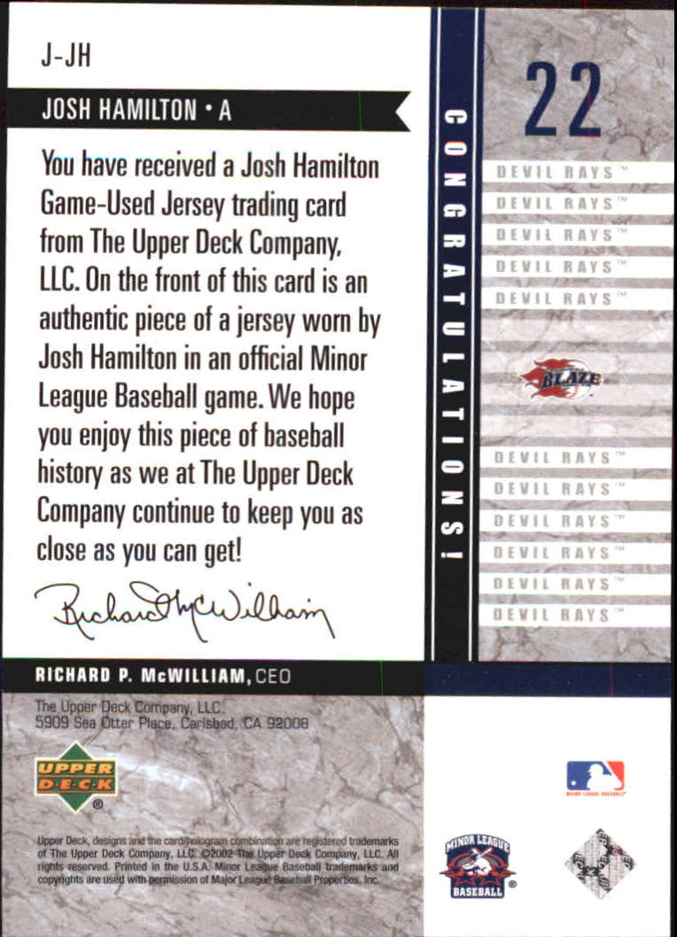 2002 UD Minor League Game Jerseys #JJH Josh Hamilton back image