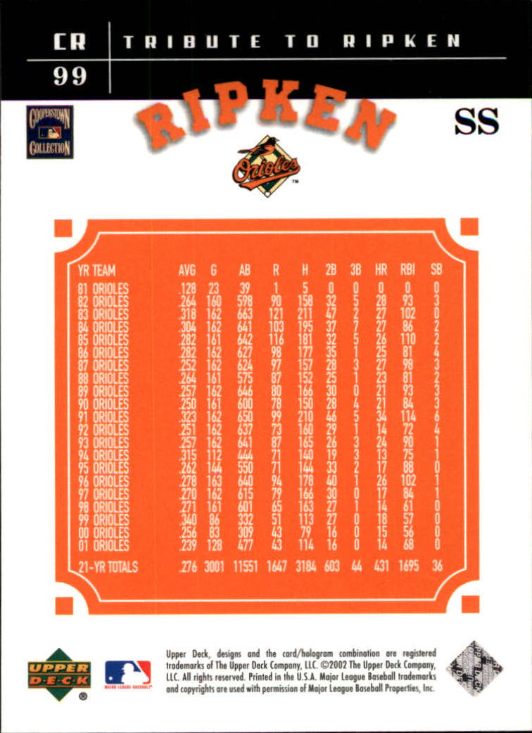 2002 Upper Deck Prospect Premieres #99 Cal Ripken TRIB back image