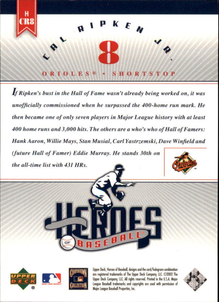 2002 Upper Deck Prospect Premieres Heroes of Baseball #HCR8 Cal Ripken back image