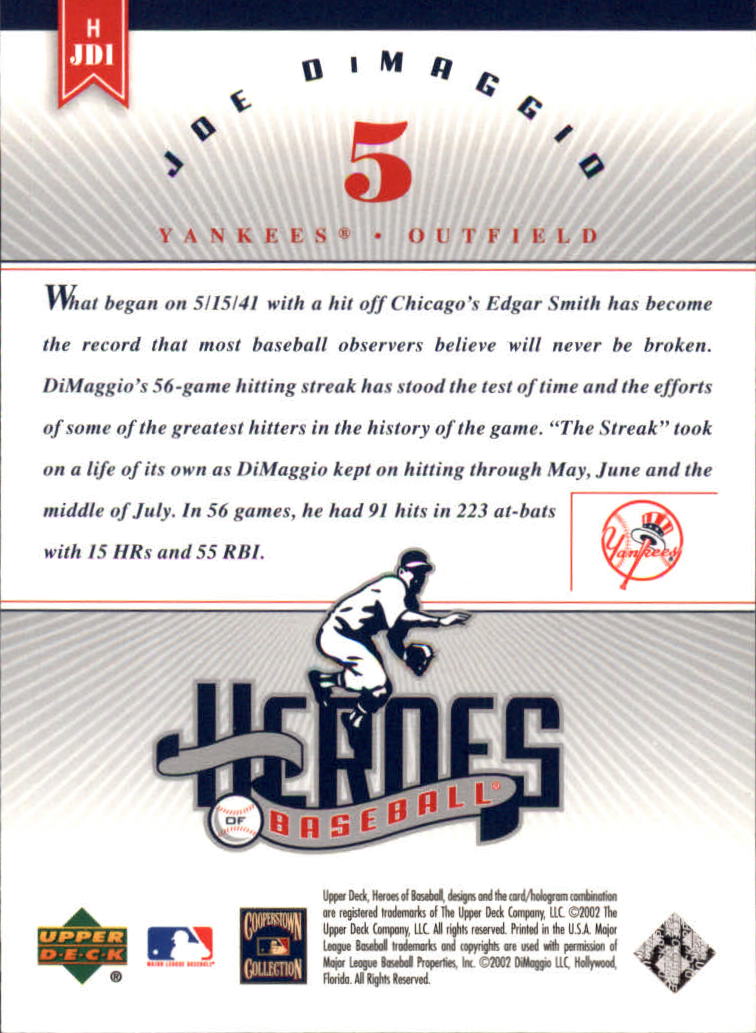 2002 Upper Deck Prospect Premieres Heroes of Baseball #HJD1 Joe DiMaggio back image