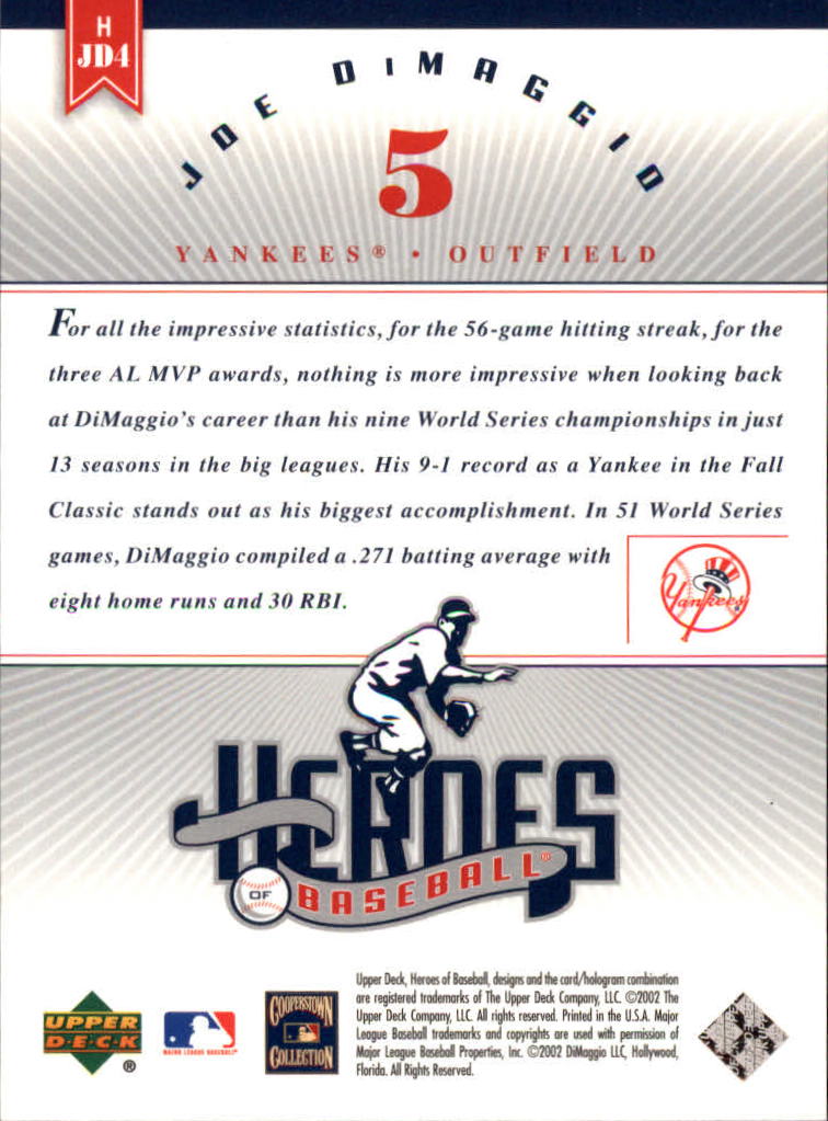 2002 Upper Deck Prospect Premieres Heroes of Baseball #HJD4 Joe DiMaggio back image