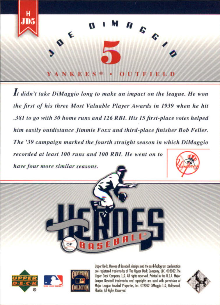 2002 Upper Deck Prospect Premieres Heroes of Baseball #HJD5 Joe DiMaggio back image
