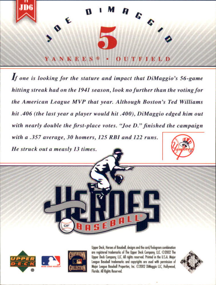 2002 Upper Deck Prospect Premieres Heroes of Baseball #HJD6 Joe DiMaggio back image