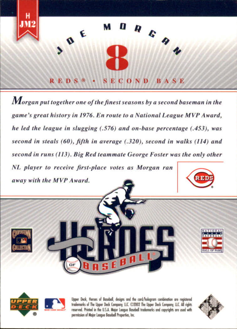 2002 Upper Deck Prospect Premieres Heroes of Baseball #HJM2 Joe Morgan back image