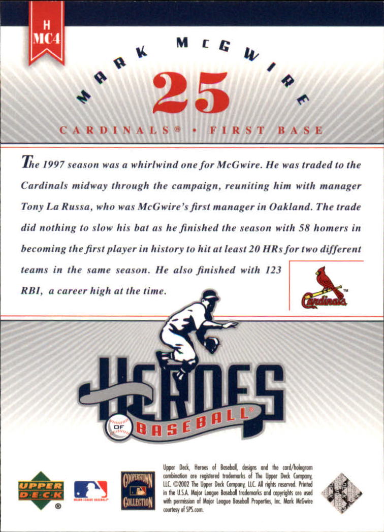 2002 Upper Deck Prospect Premieres Heroes of Baseball #HMC4 Mark McGwire back image