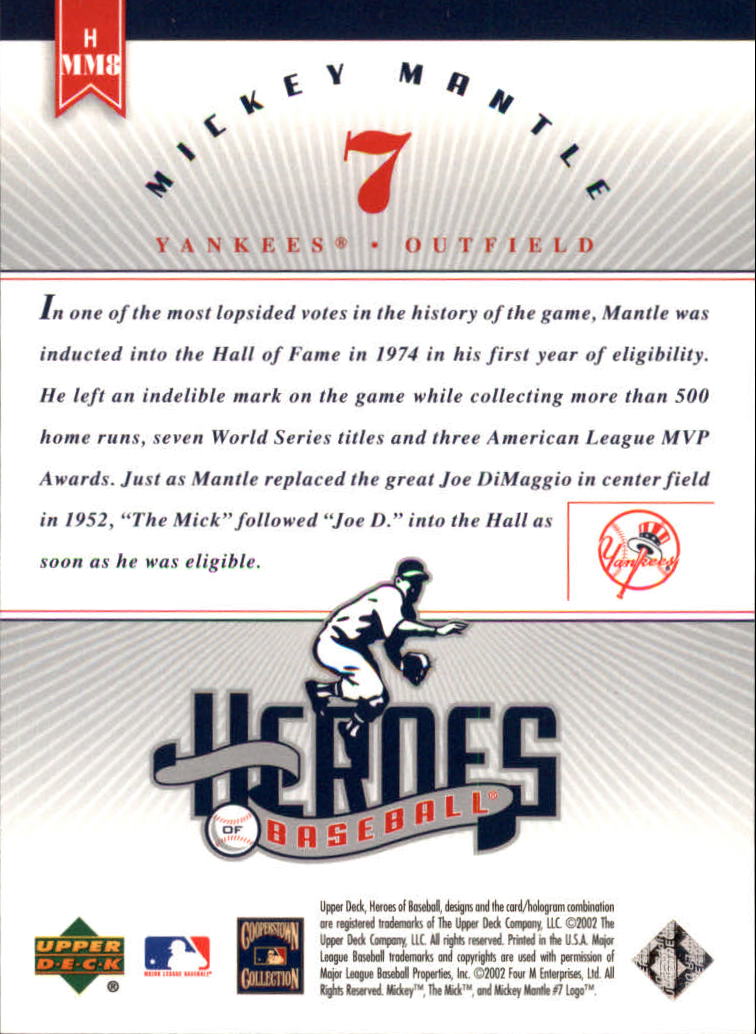 2002 Upper Deck Prospect Premieres Heroes of Baseball #HMM8 Mickey Mantle back image