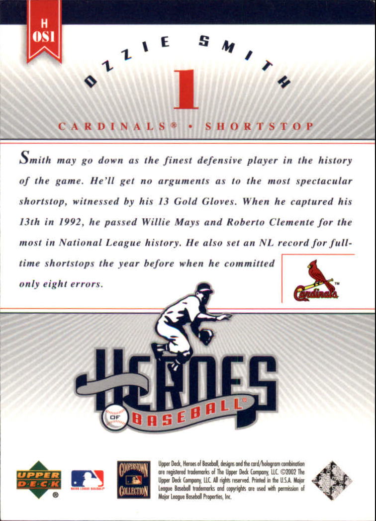 2002 Upper Deck Prospect Premieres Heroes of Baseball #HOS1 Ozzie Smith back image