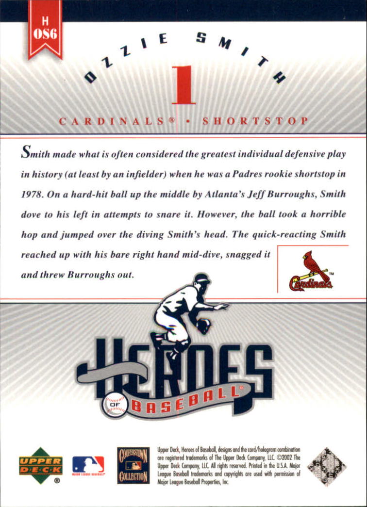 2002 Upper Deck Prospect Premieres Heroes of Baseball #HOS6 Ozzie Smith back image