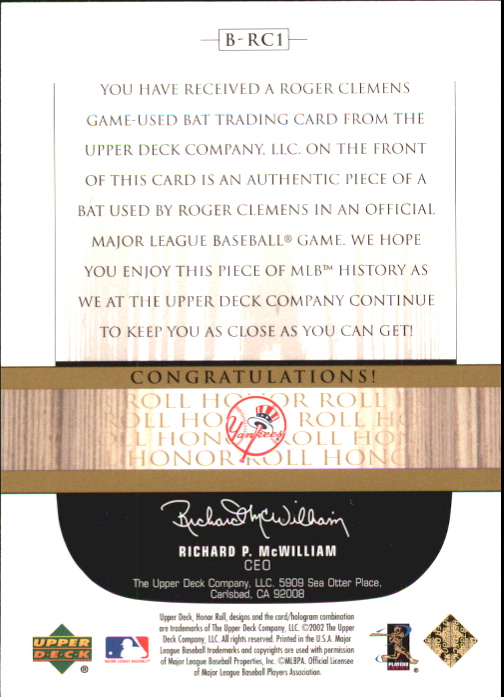 2002 Upper Deck Honor Roll Game Bats #BRC1 Roger Clemens Look Right back image