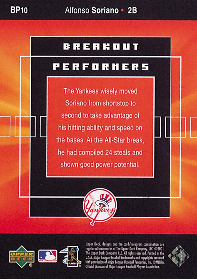 2002 Upper Deck Breakout Performers #BP10 Alfonso Soriano back image
