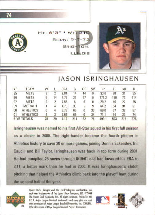 2002 Upper Deck #74 Jason Isringhausen back image