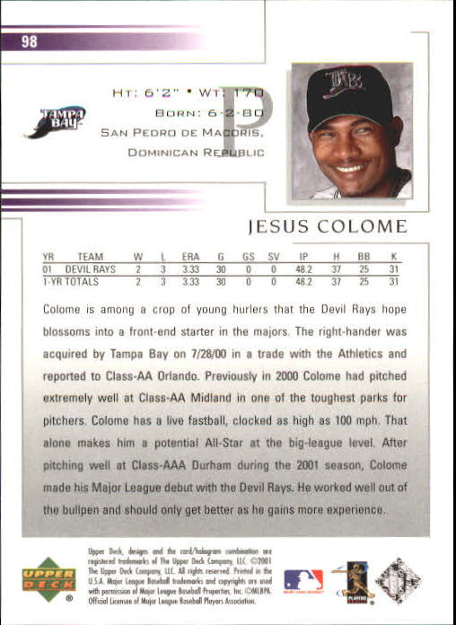 2002 Upper Deck #98 Jesus Colome back image