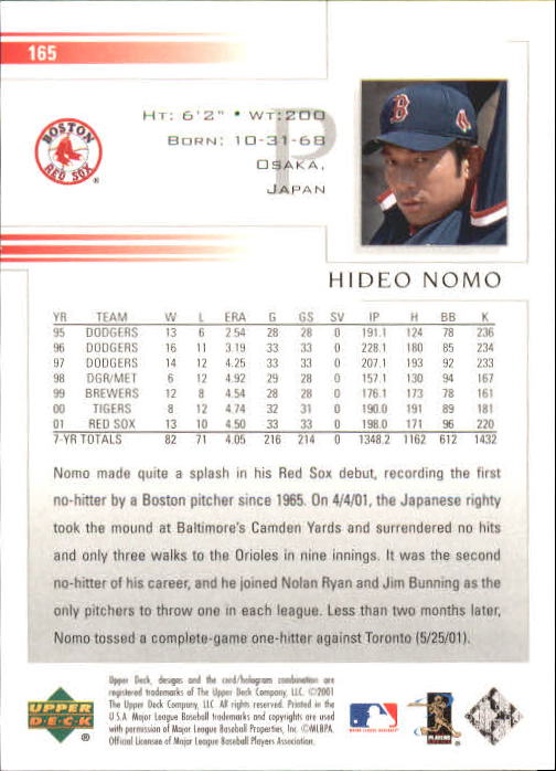 2002 Upper Deck #165 Hideo Nomo back image