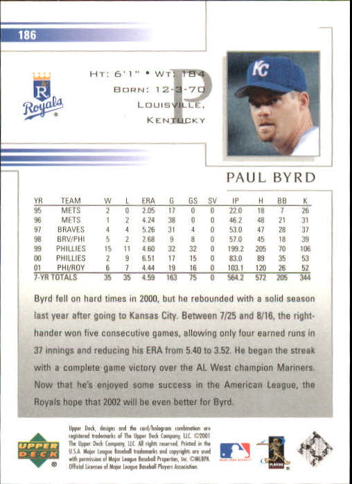 2002 Upper Deck #186 Paul Byrd back image