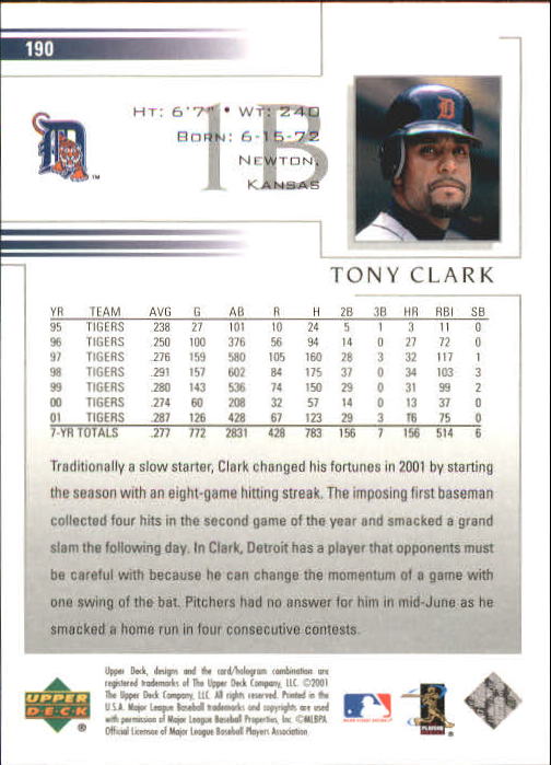 2002 Upper Deck #190 Tony Clark back image