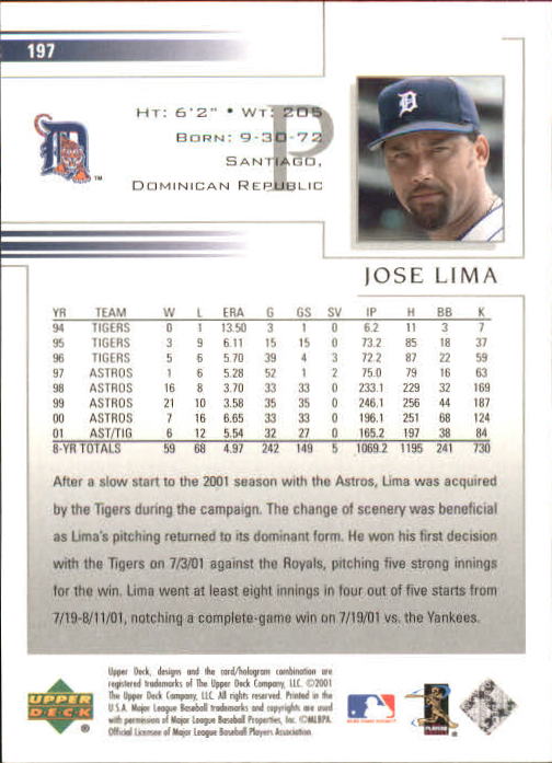 2002 Upper Deck #197 Jose Lima back image