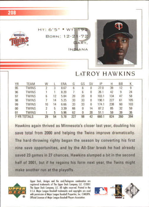 2002 Upper Deck #208 LaTroy Hawkins back image