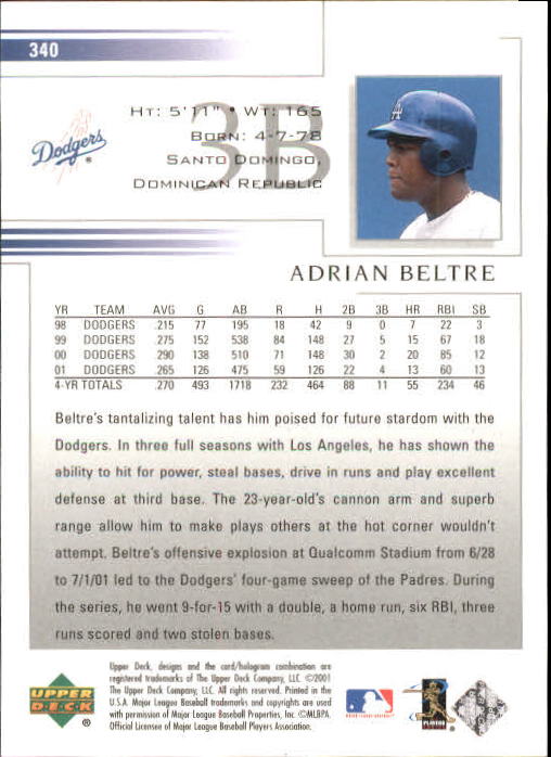2002 Upper Deck #340 Adrian Beltre back image