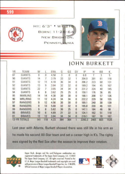 2002 Upper Deck #599 John Burkett back image